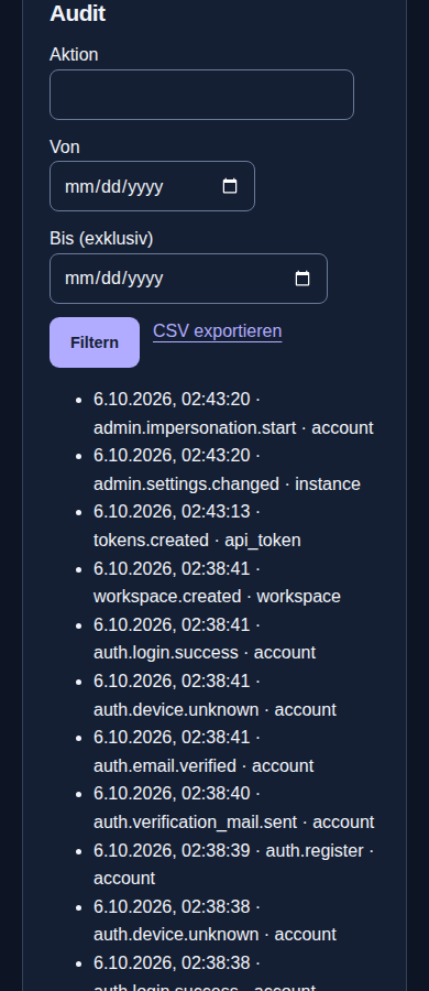 Audit – Instanzadministration, dunkle Ansicht, 390 px