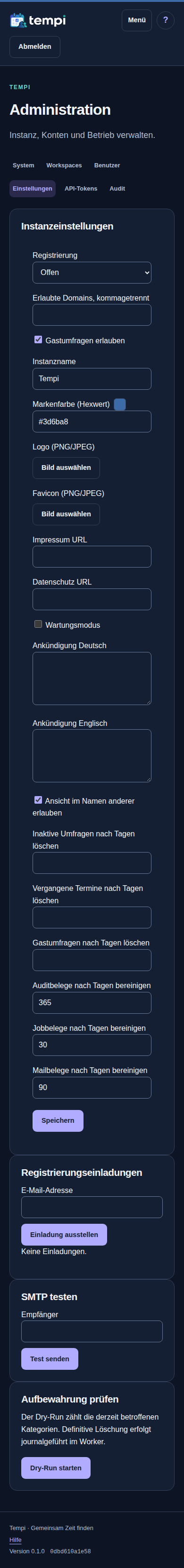 Instanzeinstellungen – Instanzadministration, dunkle Ansicht, 390 px