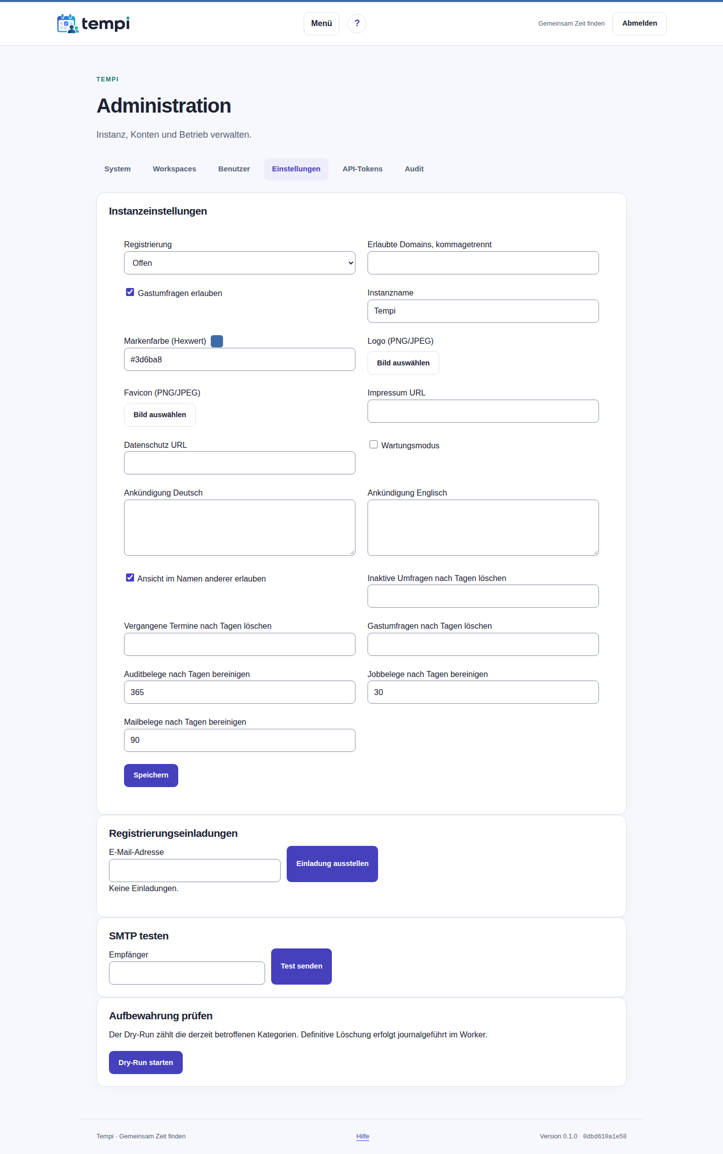 Instanzeinstellungen – Instanzadministration, helle Ansicht, 1440 px