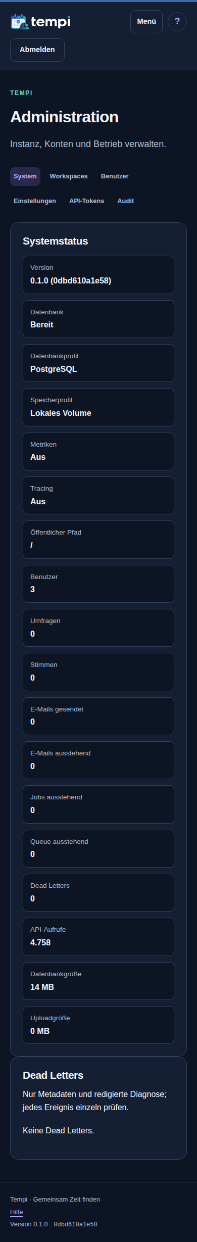 Systemstatus – Instanzadministration, dunkle Ansicht, 390 px