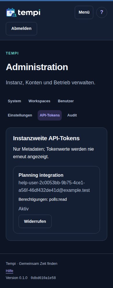 API-Tokens – Instanzadministration, dunkle Ansicht, 390 px