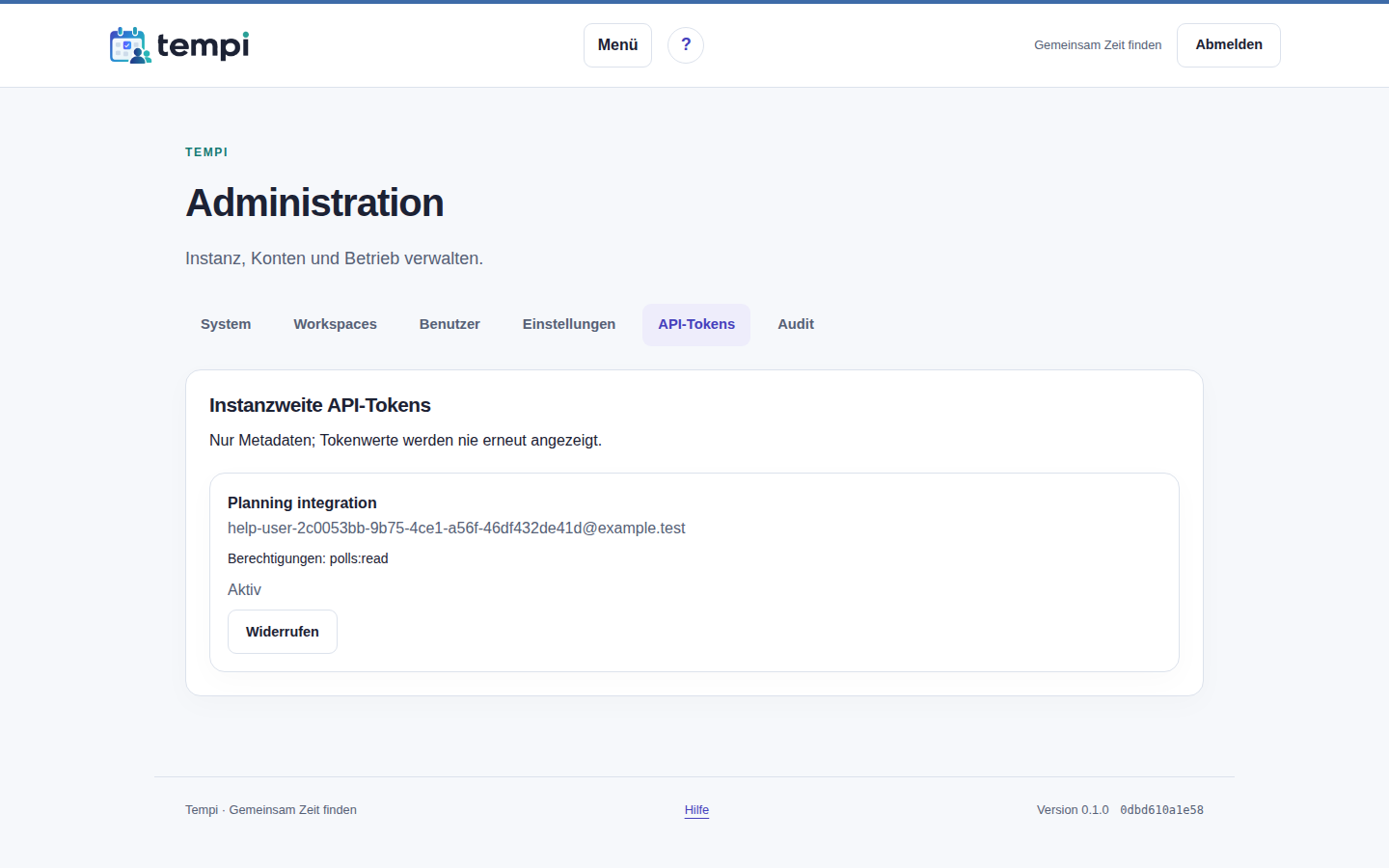 API-Tokens – Instanzadministration, helle Ansicht, 1440 px