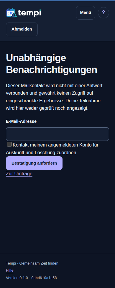 Unabhängige Mailkontakte – angemeldetes Konto, dunkle Ansicht, 390 px