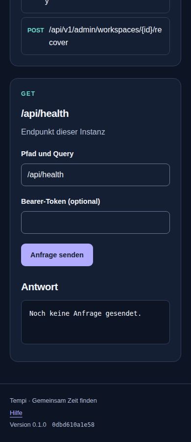 API-Dokumentation – angemeldetes Konto, dunkle Ansicht, 390 px