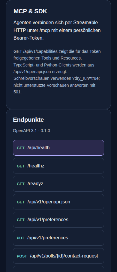 MCP, SDKs und Vorschau – angemeldetes Konto, dunkle Ansicht, 390 px