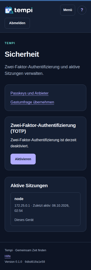 Sicherheitseinstellungen – angemeldetes Konto, dunkle Ansicht, 390 px
