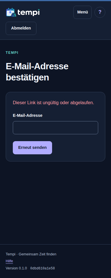 E-Mail-Bestätigung – angemeldetes Konto, dunkle Ansicht, 390 px