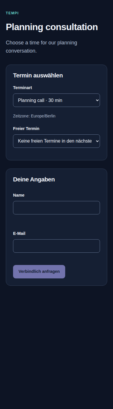 Buchungsseite einbetten – Instanzadministration, dunkle Ansicht, 390 px