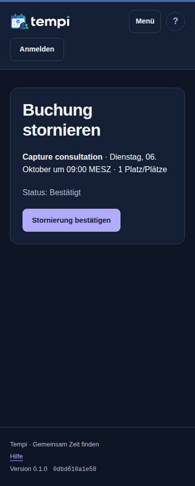 Termin ändern oder stornieren – Gast, dunkle Ansicht, 390 px