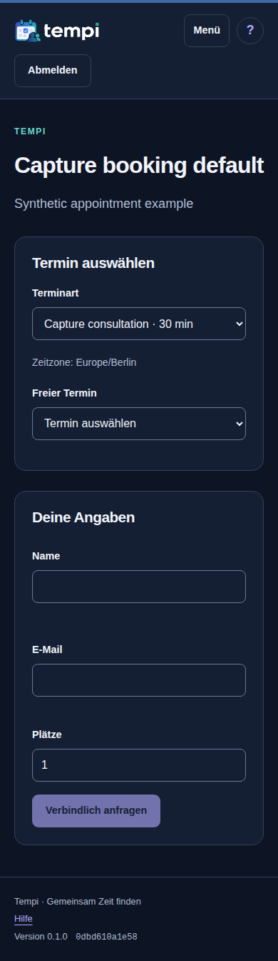 Termin buchen – angemeldetes Konto, dunkle Ansicht, 390 px