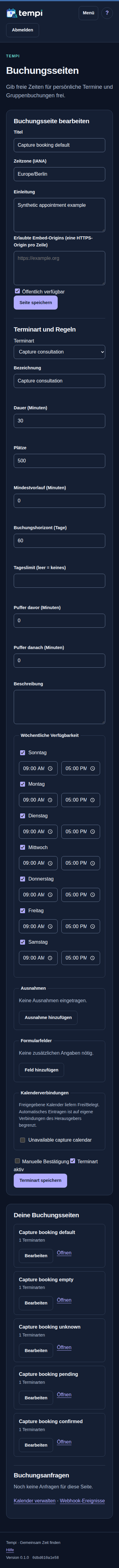 Buchungsseiten einrichten – angemeldetes Konto, dunkle Ansicht, 390 px