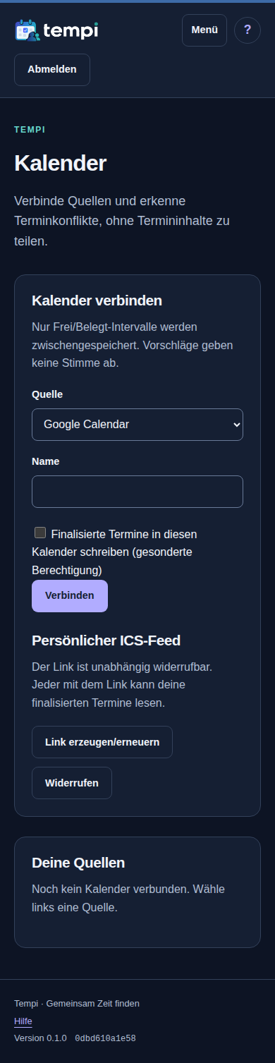 Kalender verbinden – angemeldetes Konto, dunkle Ansicht, 390 px