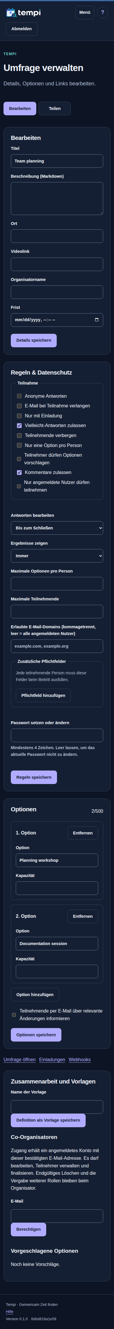 Umfrage bearbeiten – angemeldetes Konto, dunkle Ansicht, 390 px