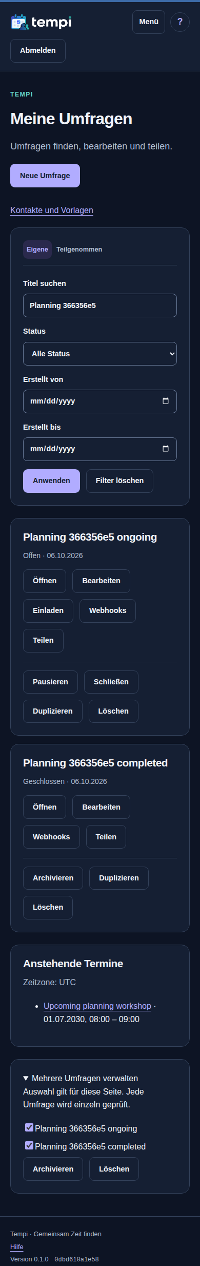 Termine und Massenaktionen – Instanzadministration, dunkle Ansicht, 390 px