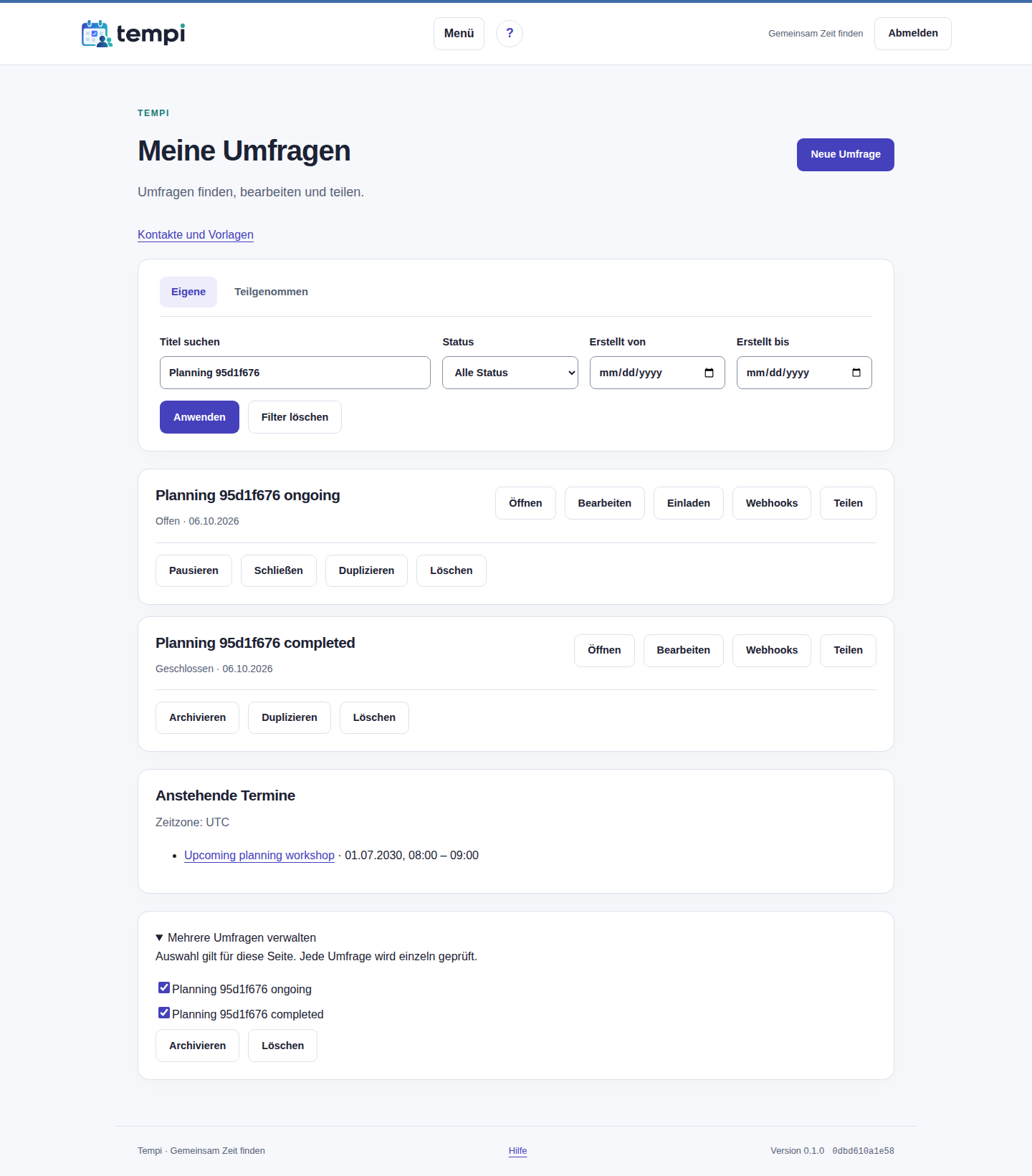 Termine und Massenaktionen – Instanzadministration, helle Ansicht, 1440 px