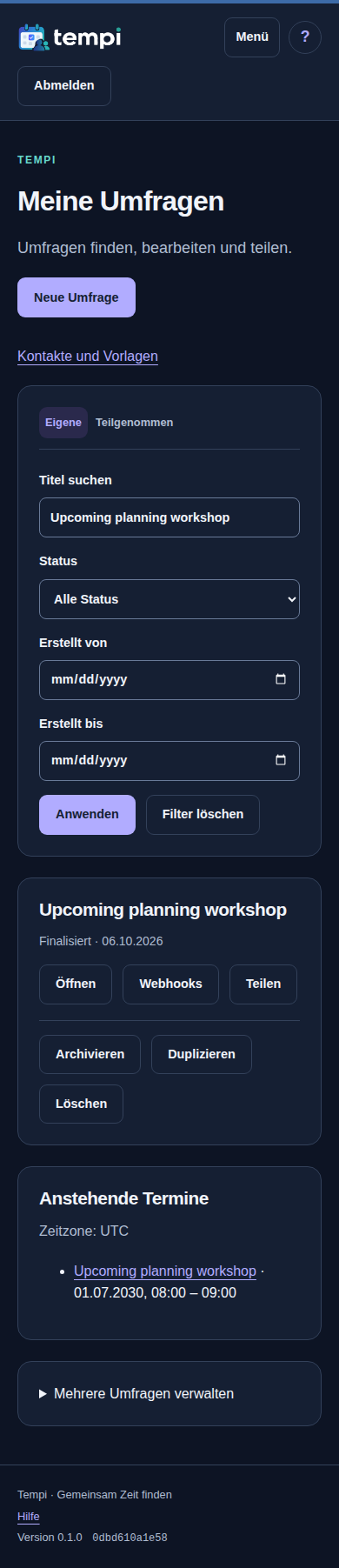 Meine Umfragen – angemeldetes Konto, dunkle Ansicht, 390 px