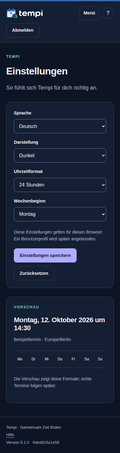 Einstellungen – angemeldetes Konto, dunkle Ansicht, 390 px