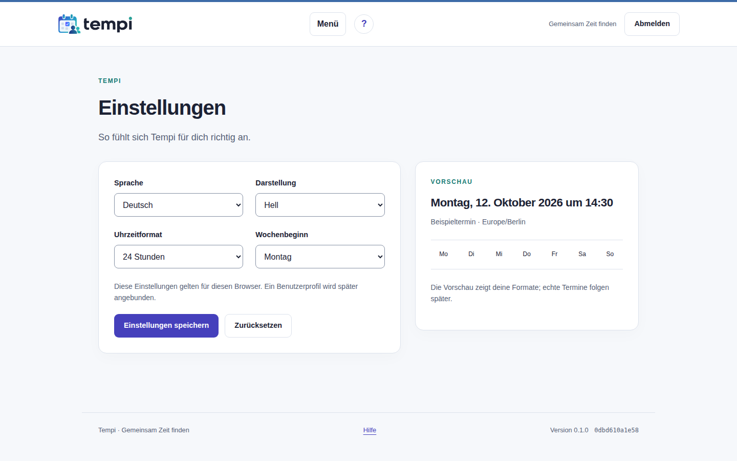 Einstellungen – angemeldetes Konto, helle Ansicht, 1440 px