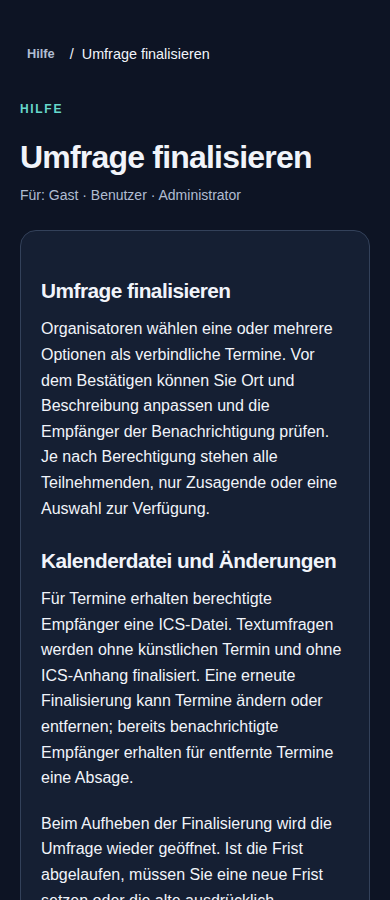 Umfrage finalisieren – angemeldetes Konto, dunkle Ansicht, 390 px