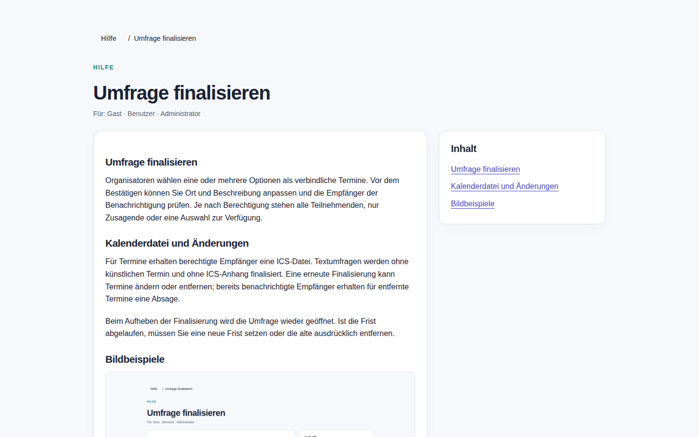 Umfrage finalisieren – angemeldetes Konto, helle Ansicht, 1440 px