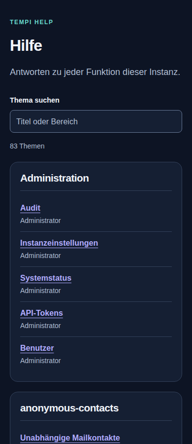 Hilfe finden – angemeldetes Konto, dunkle Ansicht, 390 px