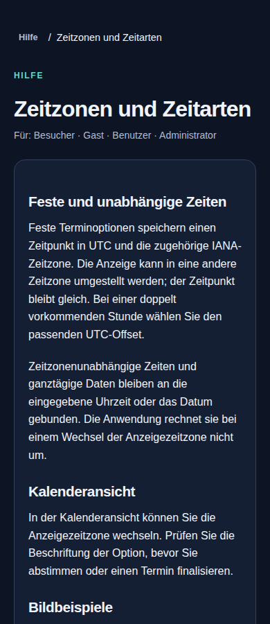 Zeitzonen und Zeitarten – angemeldetes Konto, dunkle Ansicht, 390 px