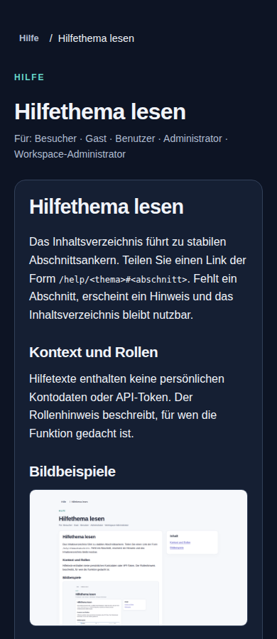 Hilfethema lesen – angemeldetes Konto, dunkle Ansicht, 390 px