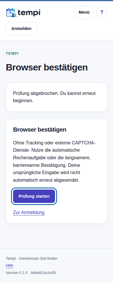 Abgebrochene Browserprüfung mit Statusmeldung und Fokus auf „Prüfung starten“.
