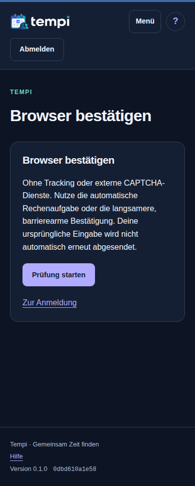 Browser bestätigen – angemeldetes Konto, dunkle Ansicht, 390 px