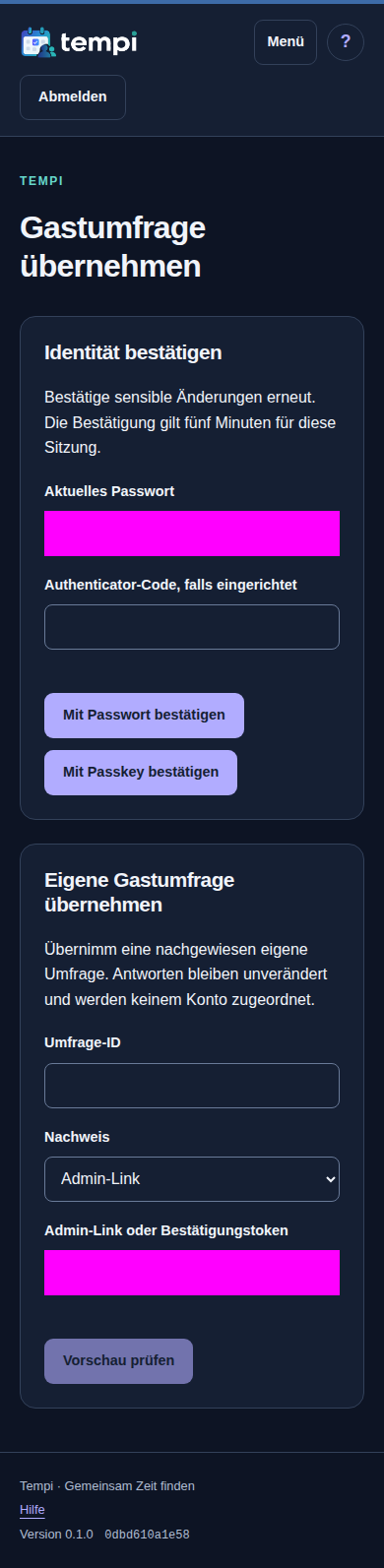 Gastumfrage übernehmen – angemeldetes Konto, dunkle Ansicht, 390 px