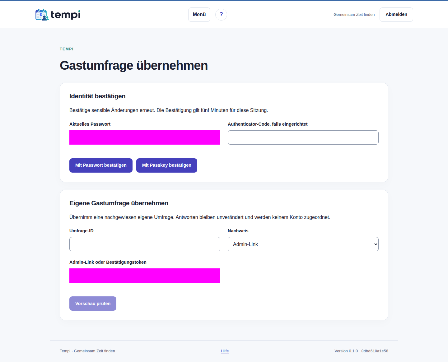Gastumfrage übernehmen – angemeldetes Konto, helle Ansicht, 1440 px