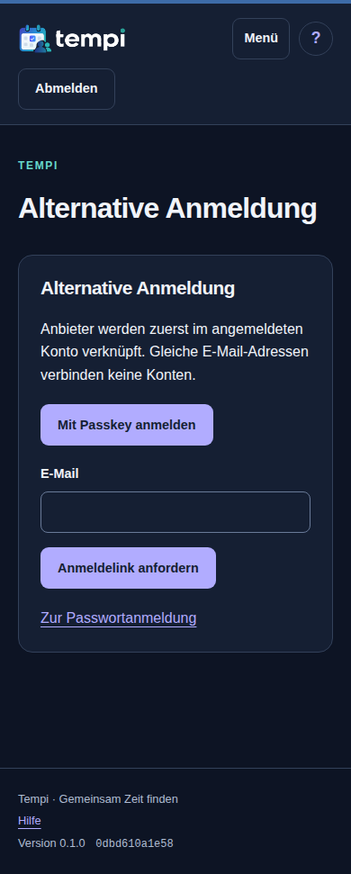 Alternative Anmeldung – angemeldetes Konto, dunkle Ansicht, 390 px