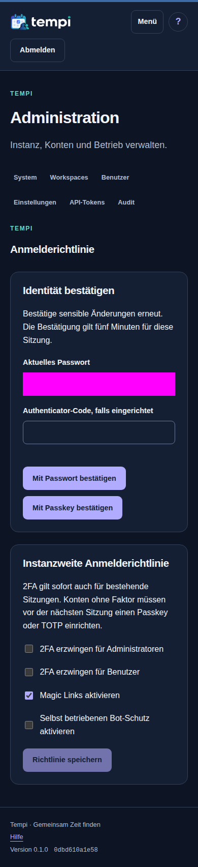 Anmelderichtlinie – Instanzadministration, dunkle Ansicht, 390 px