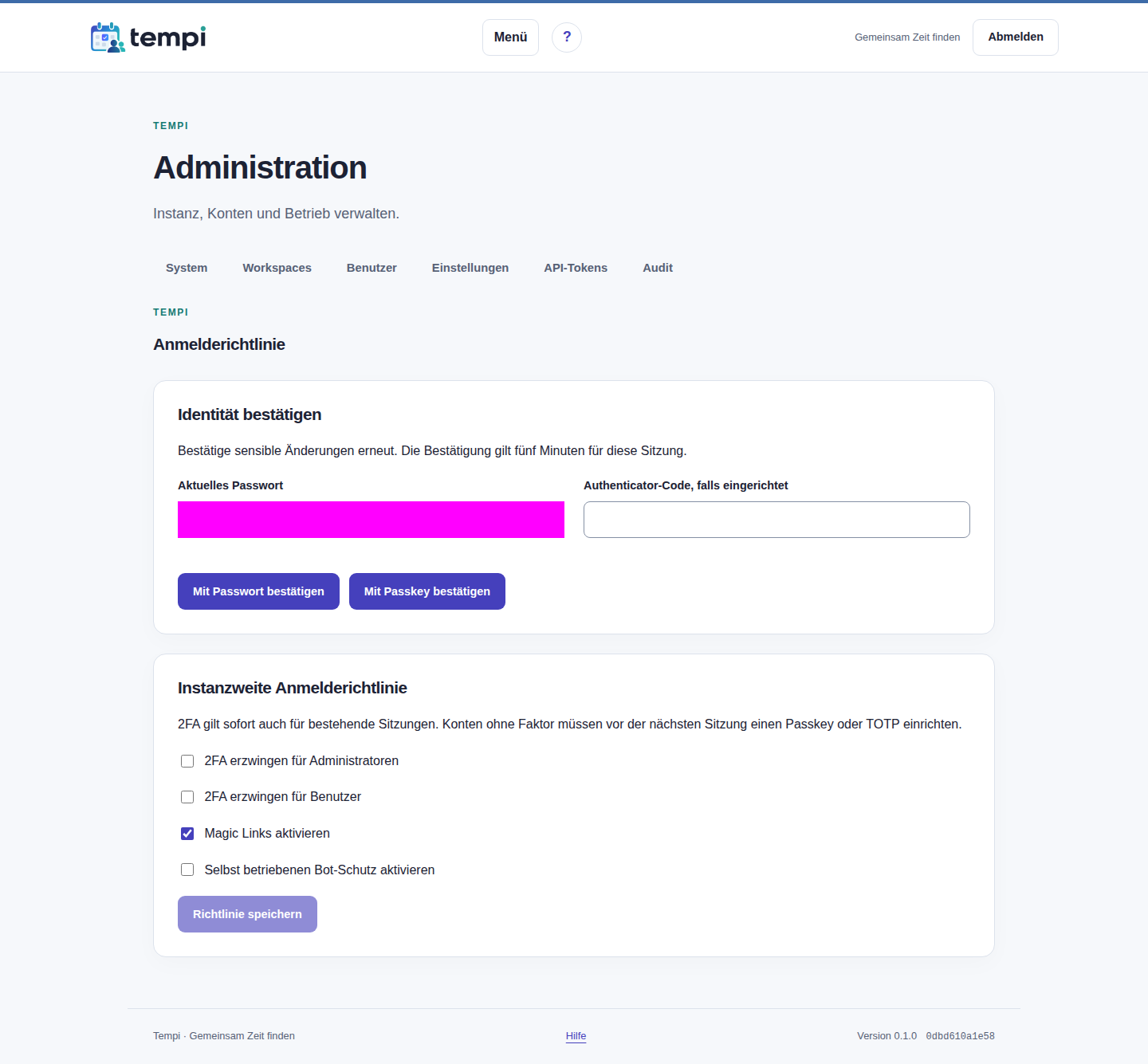 Anmelderichtlinie – Instanzadministration, helle Ansicht, 1440 px