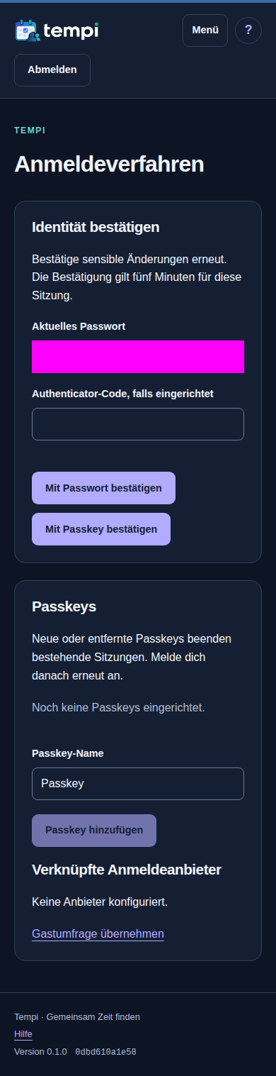 Anmeldeverfahren – angemeldetes Konto, dunkle Ansicht, 390 px