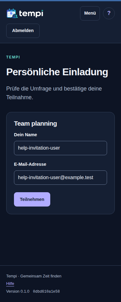 Persönliche Einladung – angemeldetes Konto, dunkle Ansicht, 390 px