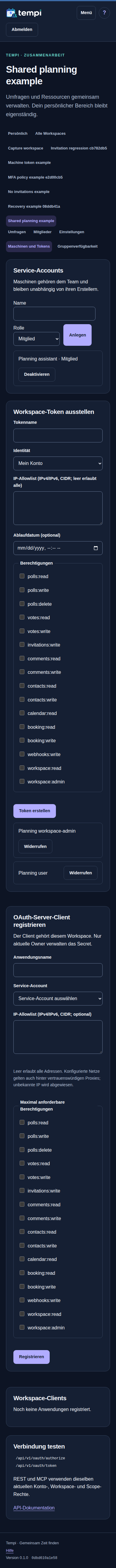 OAuth für Service-Accounts – Workspace-Verwaltung, dunkle Ansicht, 390 px