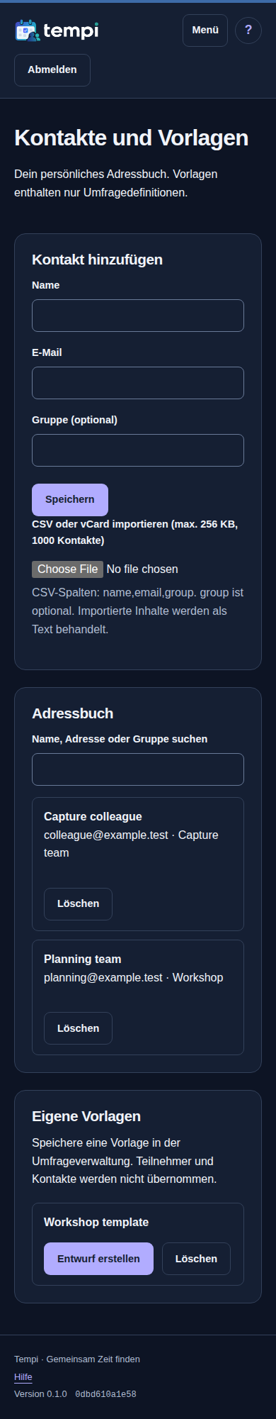 Kontakte, Gruppen und Vorlagen – angemeldetes Konto, dunkle Ansicht, 390 px