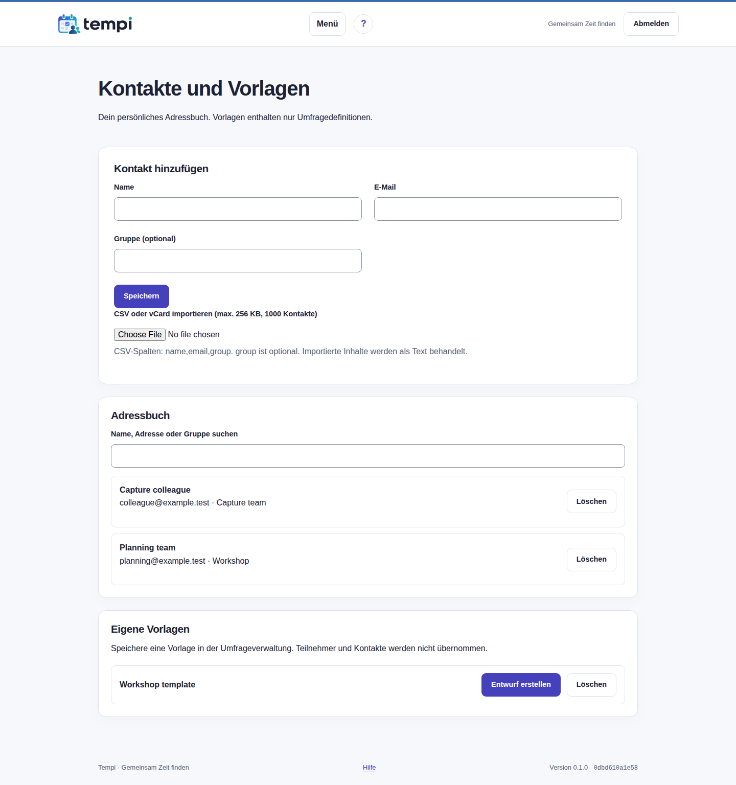 Kontakte, Gruppen und Vorlagen – angemeldetes Konto, helle Ansicht, 1440 px