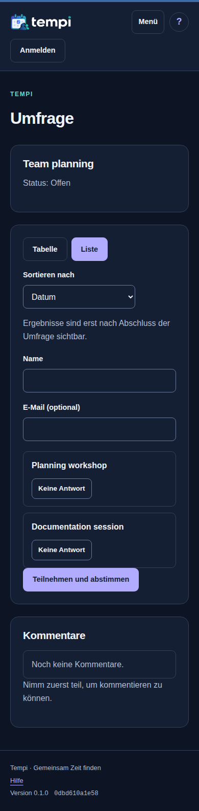 Live-Ergebnisse und anonyme Teilnahme – Gast, dunkle Ansicht, 390 px