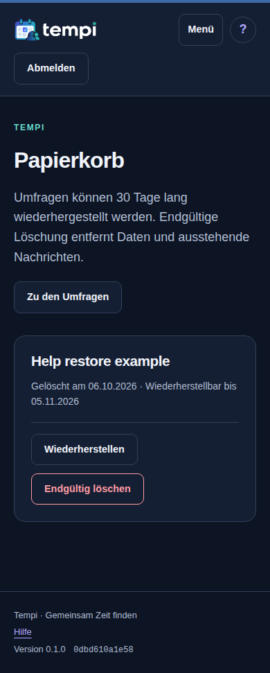 Papierkorb – angemeldetes Konto, dunkle Ansicht, 390 px