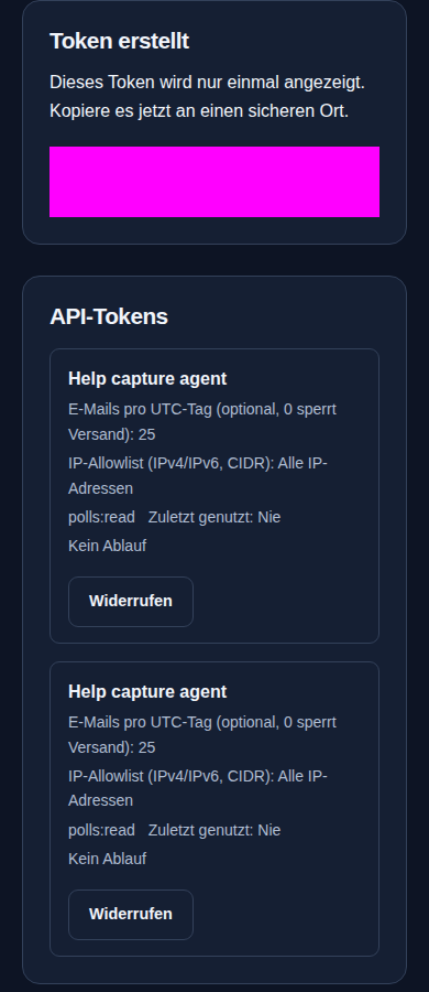 Agenten und Mailbudget – Instanzadministration, dunkle Ansicht, 390 px