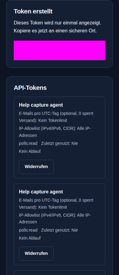Token für MCP-Agenten – Instanzadministration, dunkle Ansicht, 390 px