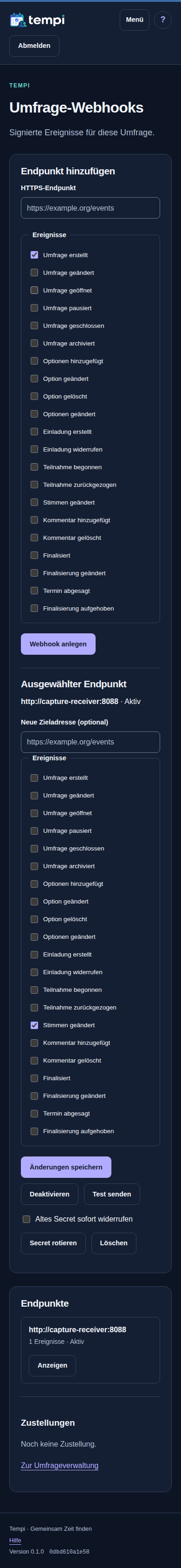Umfrage-Webhooks – angemeldetes Konto, dunkle Ansicht, 390 px