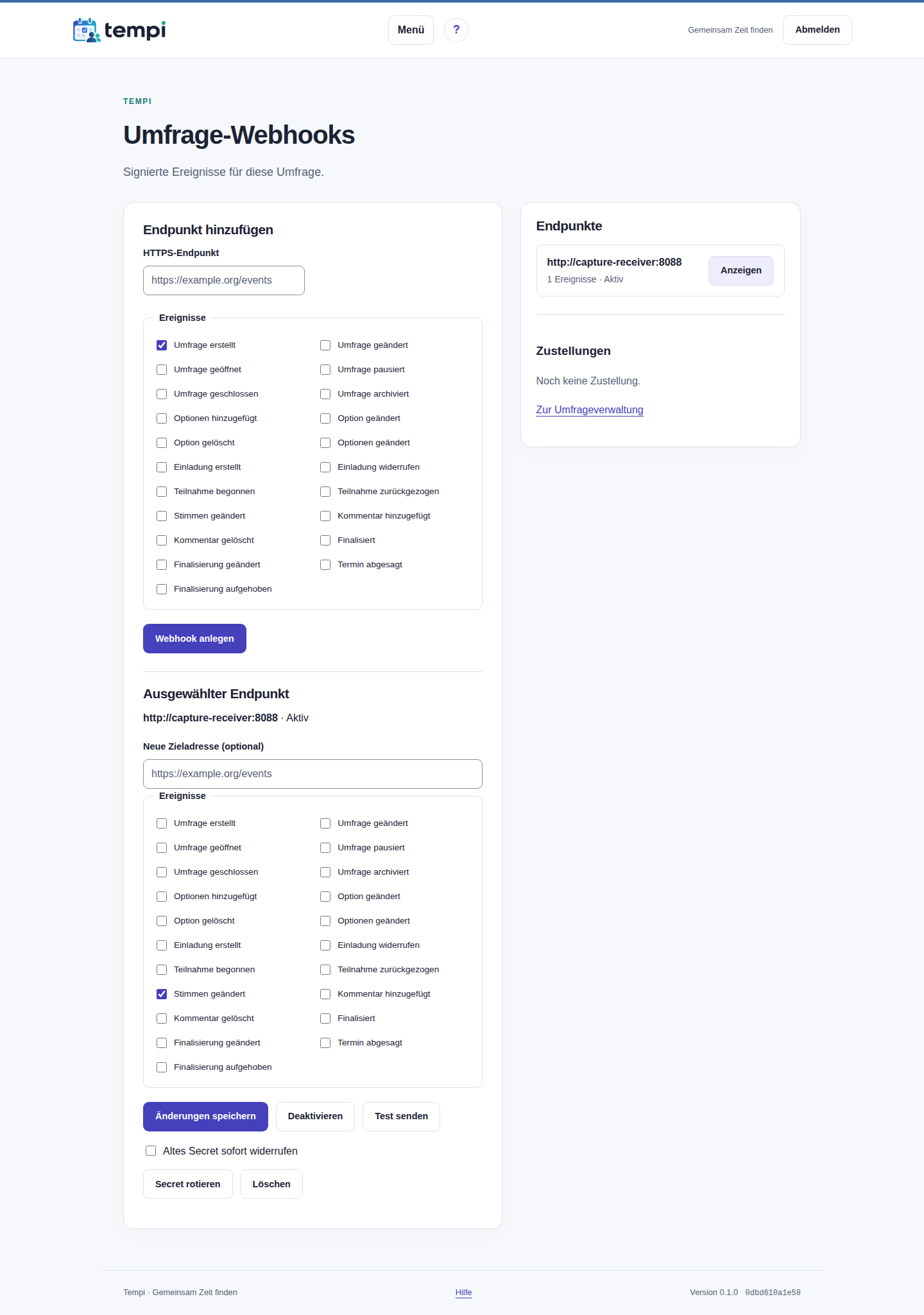 Umfrage-Webhooks – angemeldetes Konto, helle Ansicht, 1440 px
