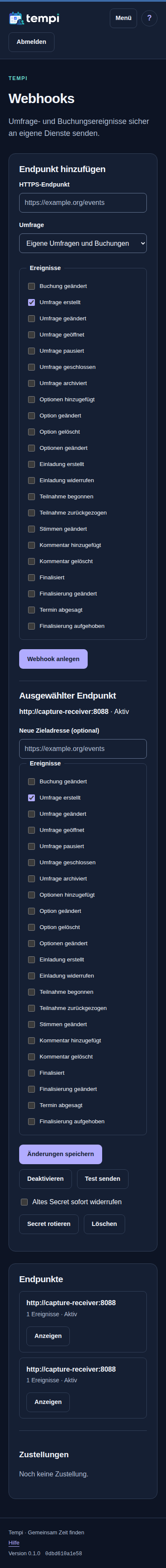 Webhooks verwalten – angemeldetes Konto, dunkle Ansicht, 390 px