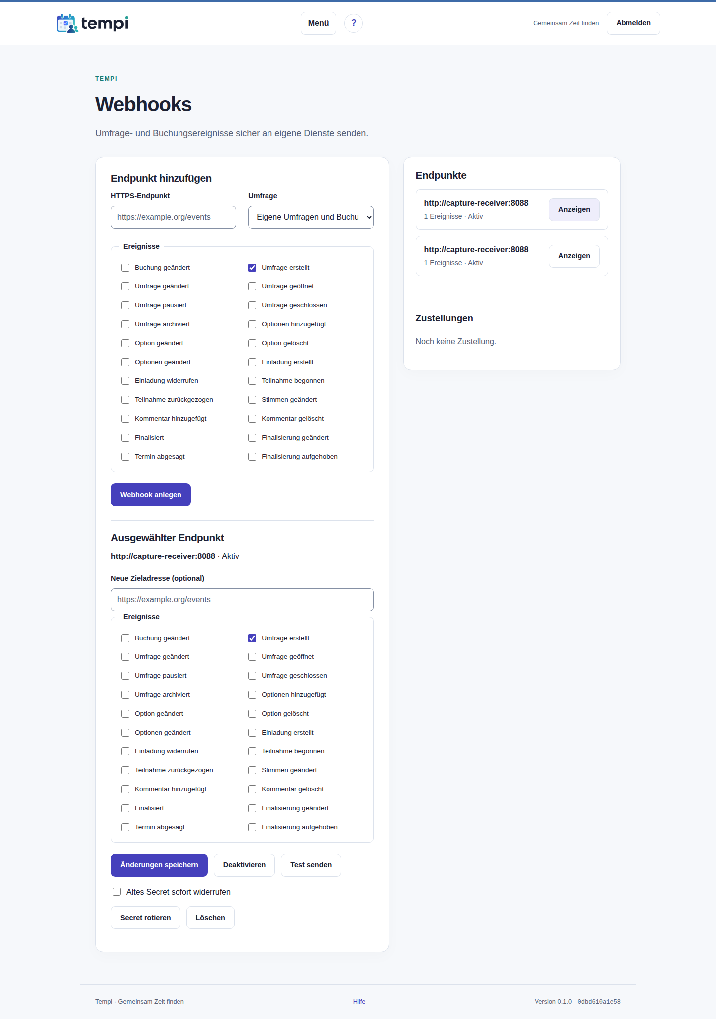 Webhooks verwalten – angemeldetes Konto, helle Ansicht, 1440 px