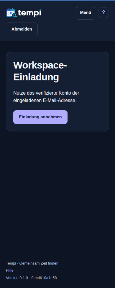 Einladung annehmen – angemeldetes Konto, dunkle Ansicht, 390 px