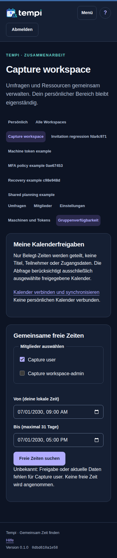 Gruppenverfügbarkeit – angemeldetes Konto, dunkle Ansicht, 390 px