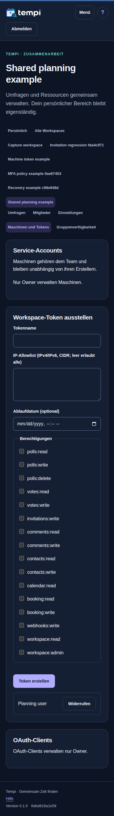 Service-Accounts und Tokens – angemeldetes Konto, dunkle Ansicht, 390 px